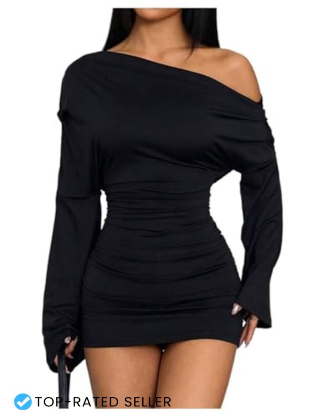 Women's Off Shoulder Ruched Bodycon Mini Dress Long Sleeve Club Party